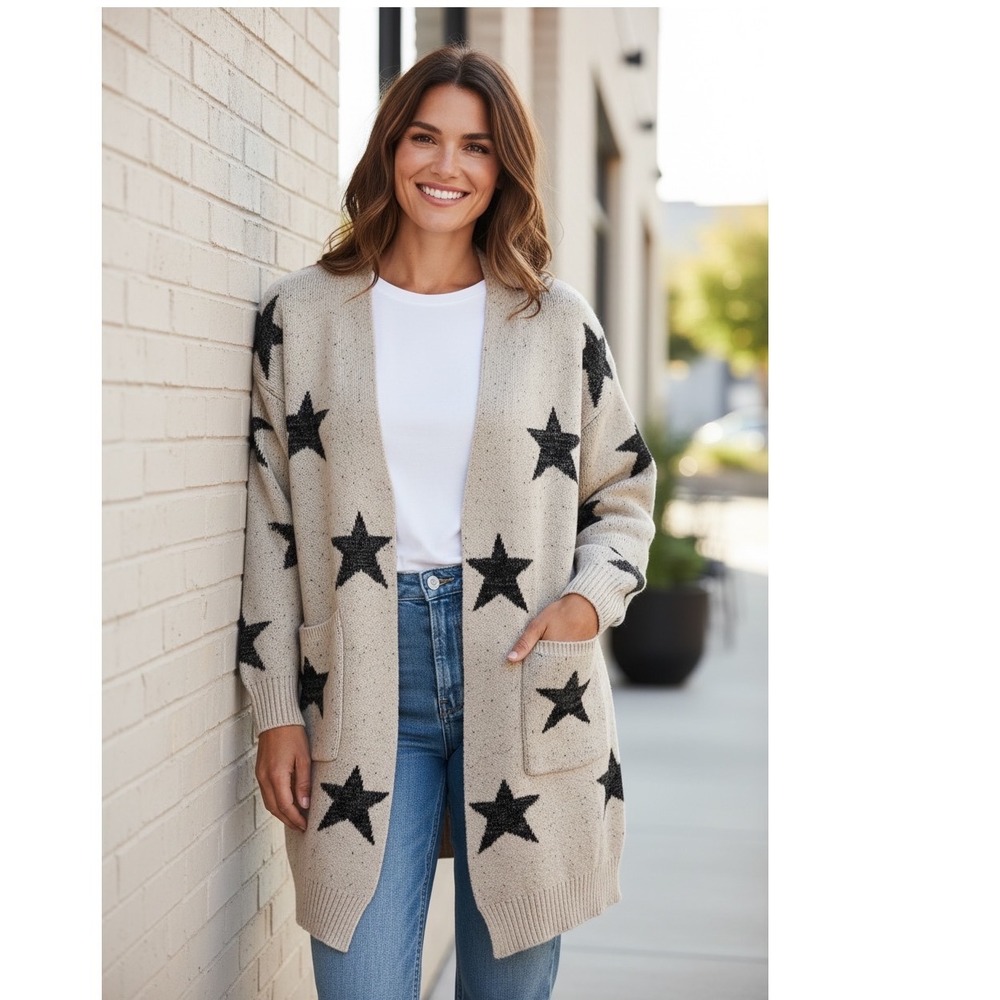 Gilli Oatmeal Black Star Print Longline Open‎ Front Cardigan Sweater CWJ9903 S